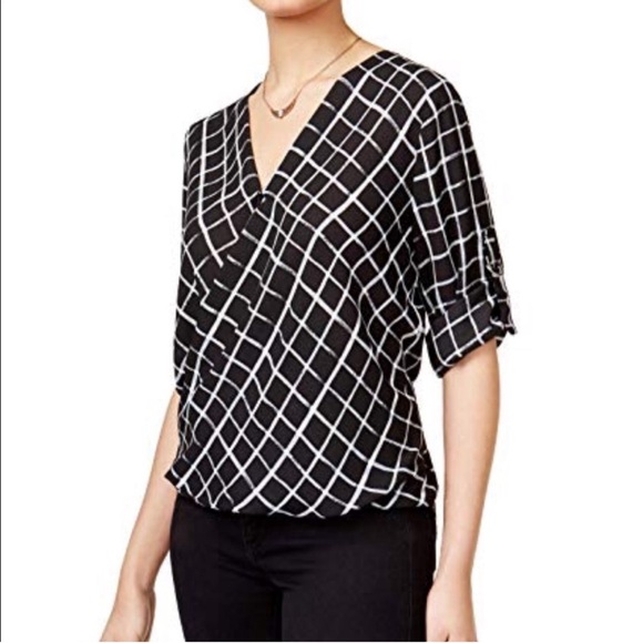 BCX Tops - BCX Black & White Plaid Grid Roll Tab Blouse Top Size XL